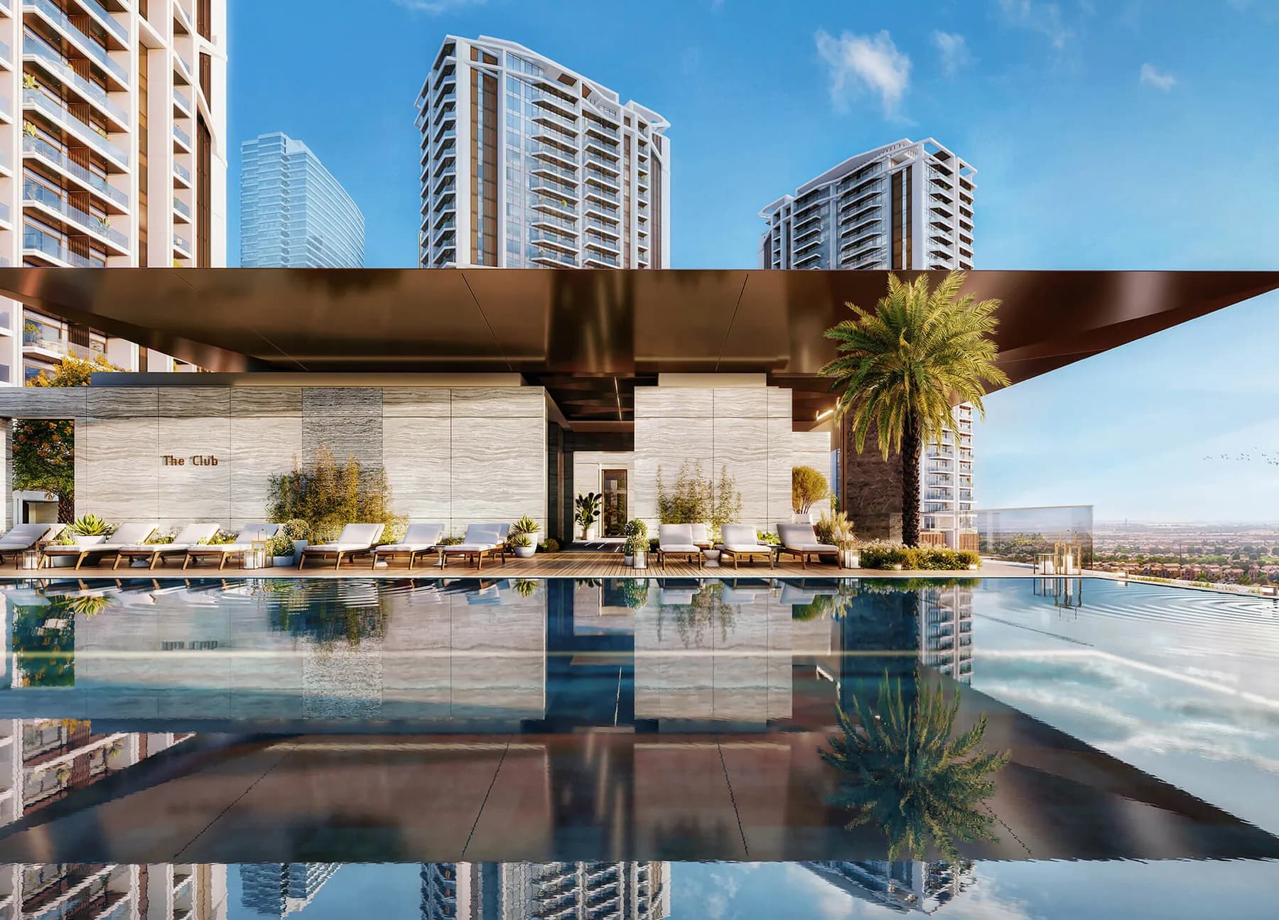 Infinity-edge swimming pool overlooking the Eltiera Views towers