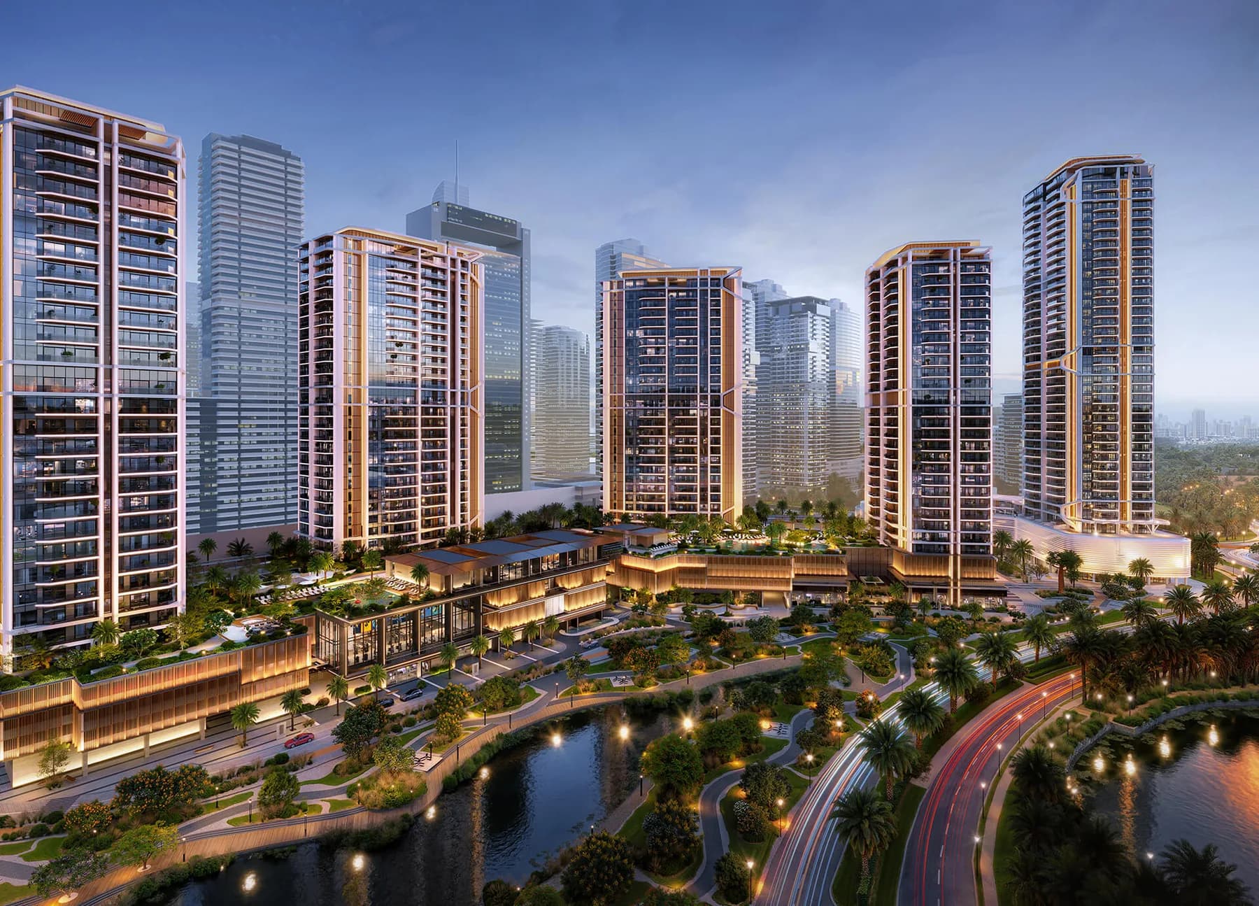 Aerial view of Eltiera Views towers and the lakes of Jumeirah Islands, Dubai