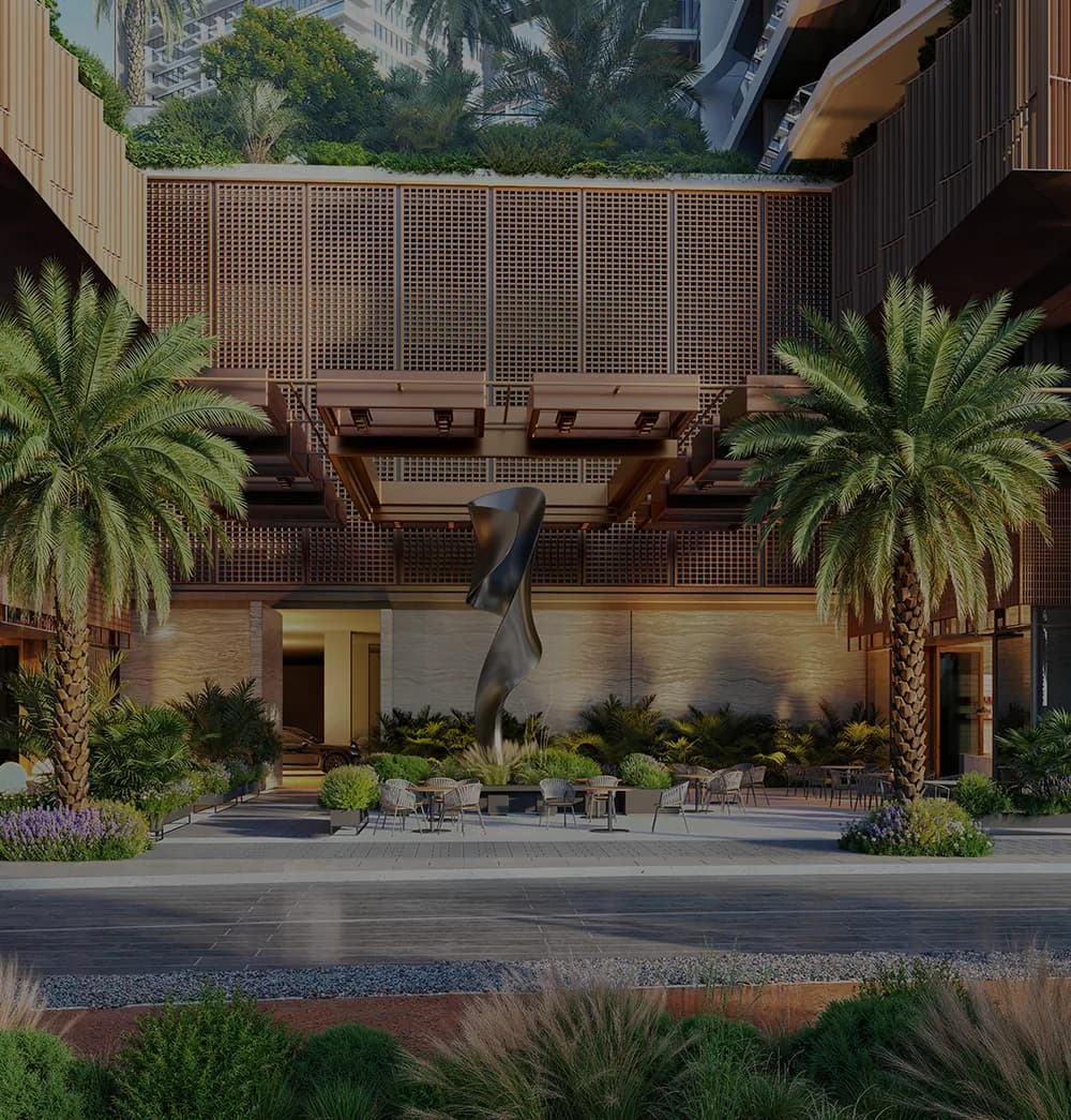 Landscaped evening arrival entrance at Eltiera Views