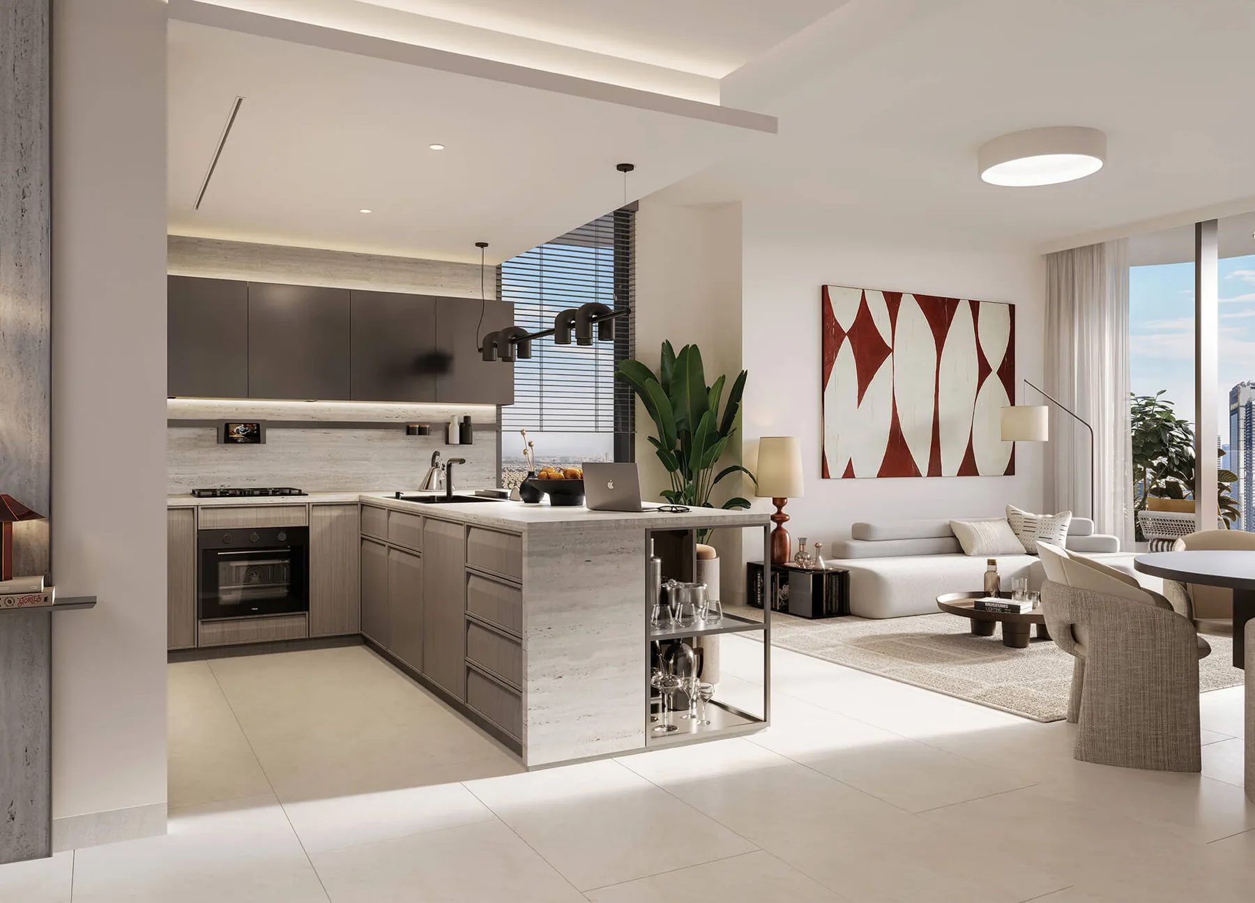 Open-plan kitchen and living space in an Eltiera Views apartment