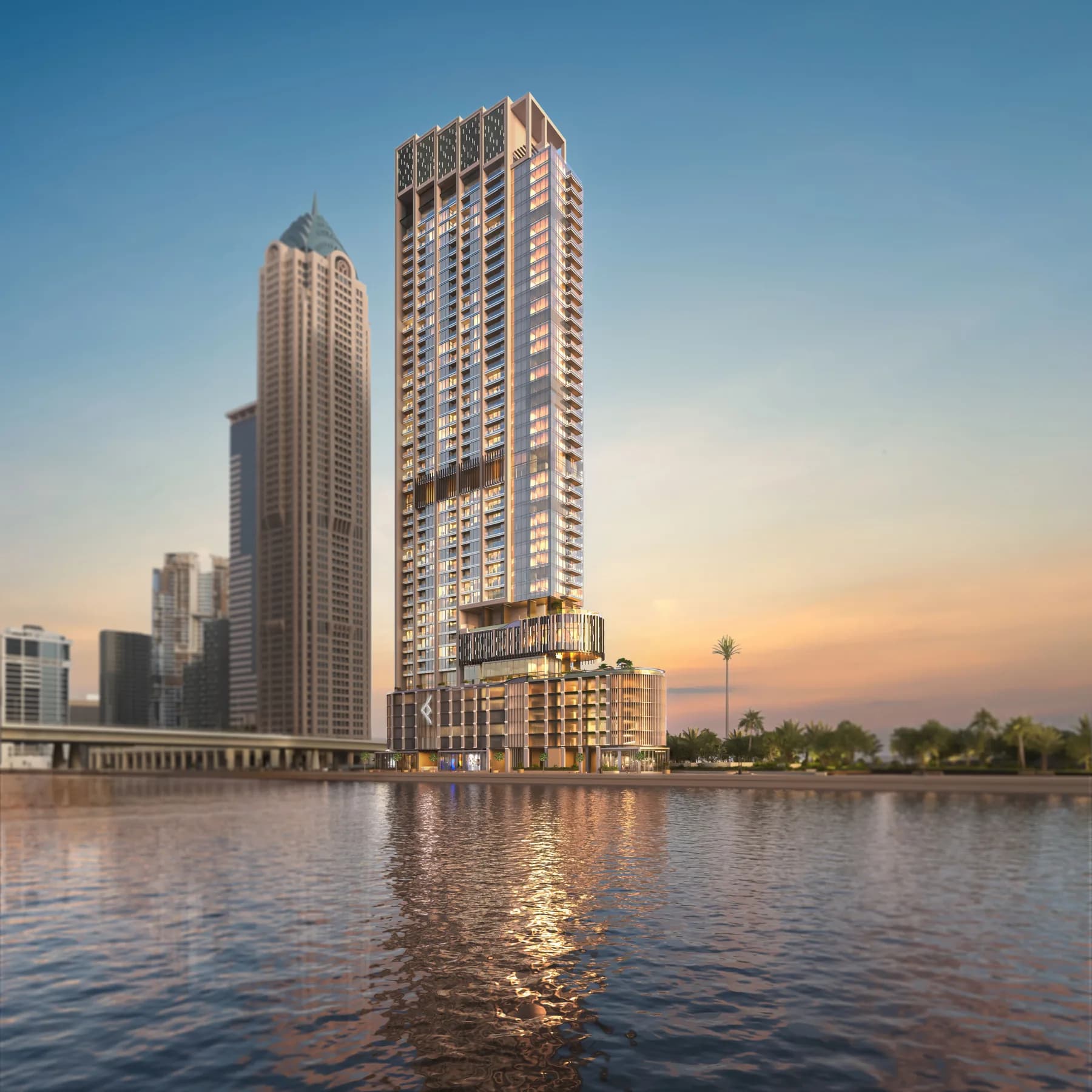 Canal-side view of One River Point and the Business Bay skyline in Dubai