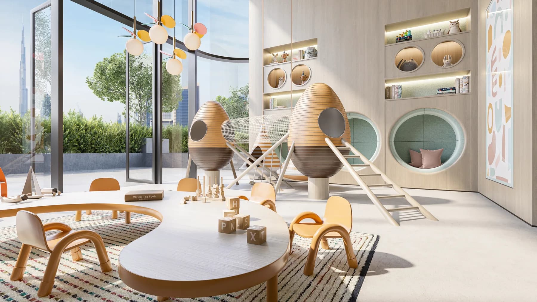 Bright indoor children play area at One River Point