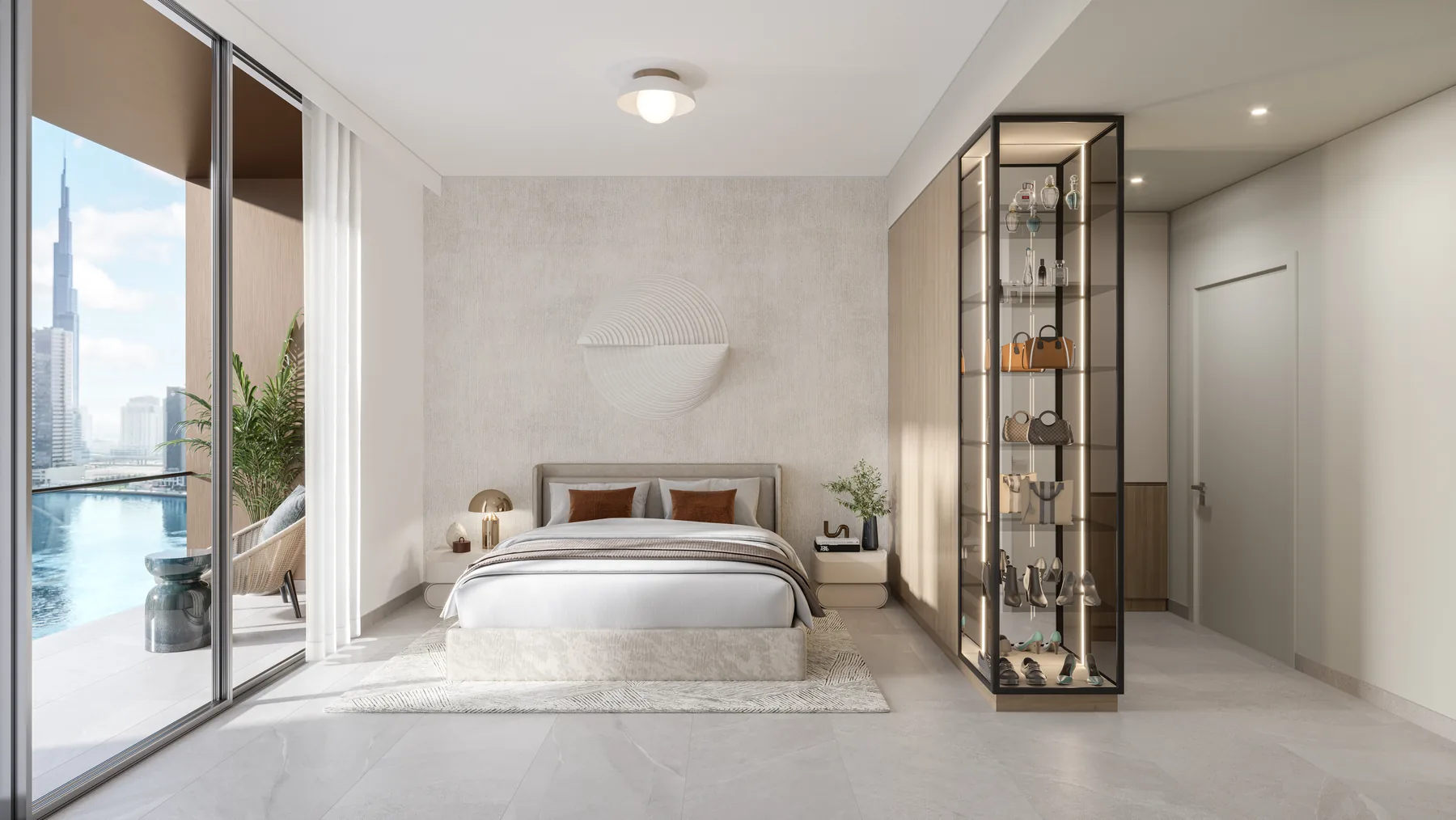 Typical One River Point bedroom with full-height windows and balcony access