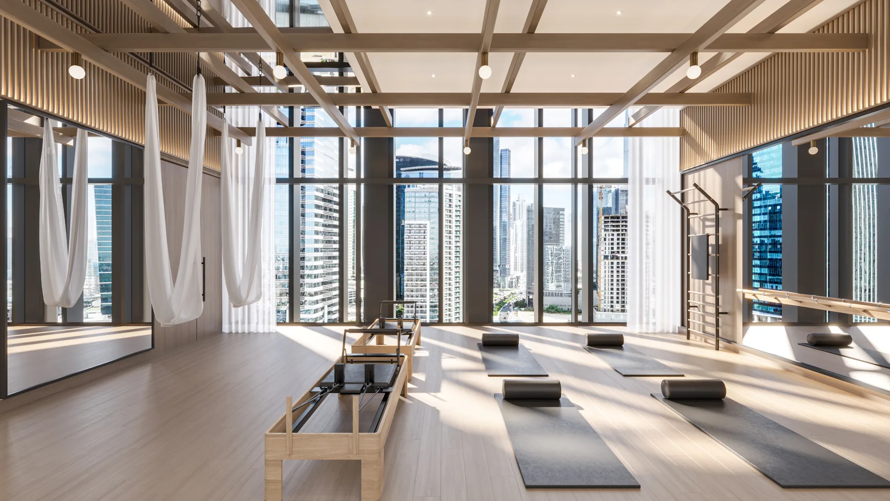 One River Point yoga studio overlooking the Business Bay skyline