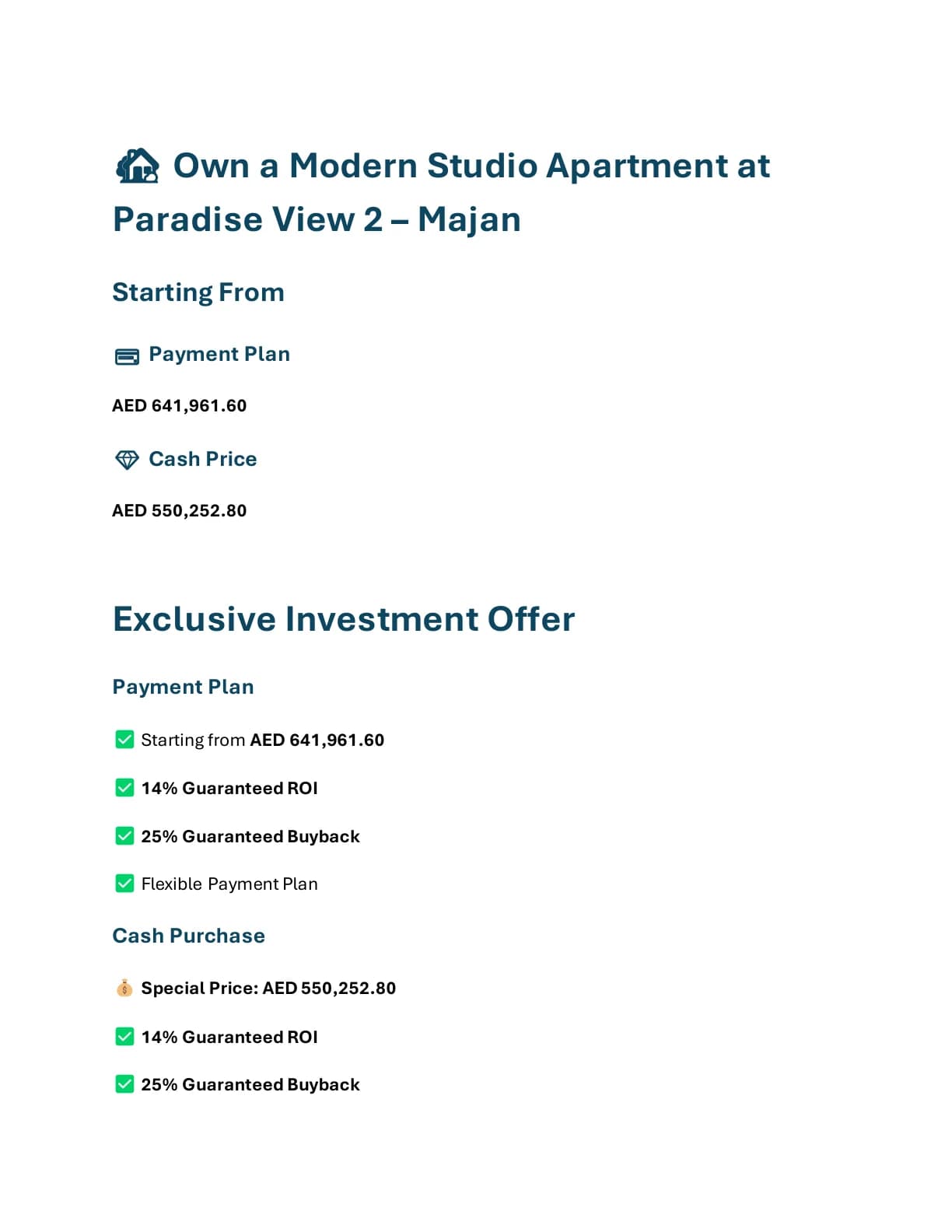 Paradise View 2 Ready Studio pricing and investment offer overview - supplied Wabel Real Estate brochure page 1