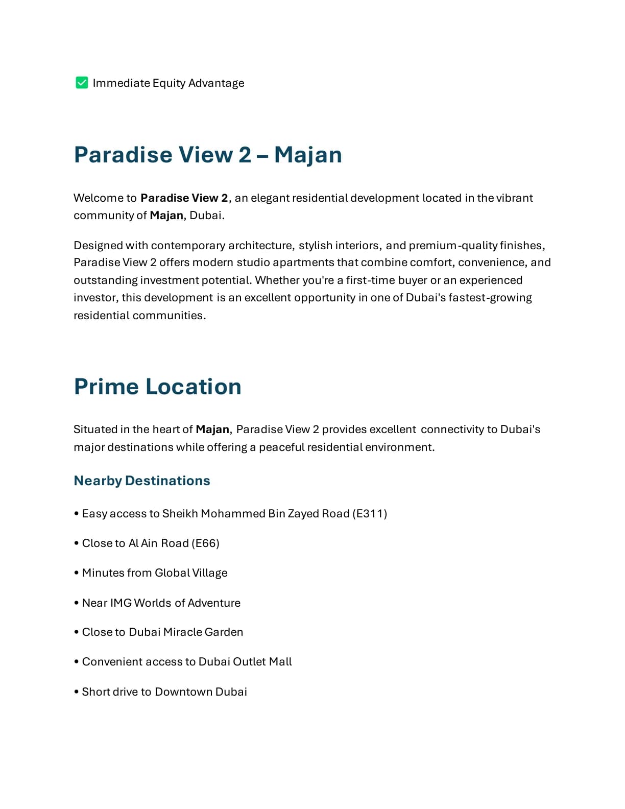 Paradise View 2 Ready Studio project introduction and Dubai location connectivity - supplied Wabel Real Estate brochure page 2
