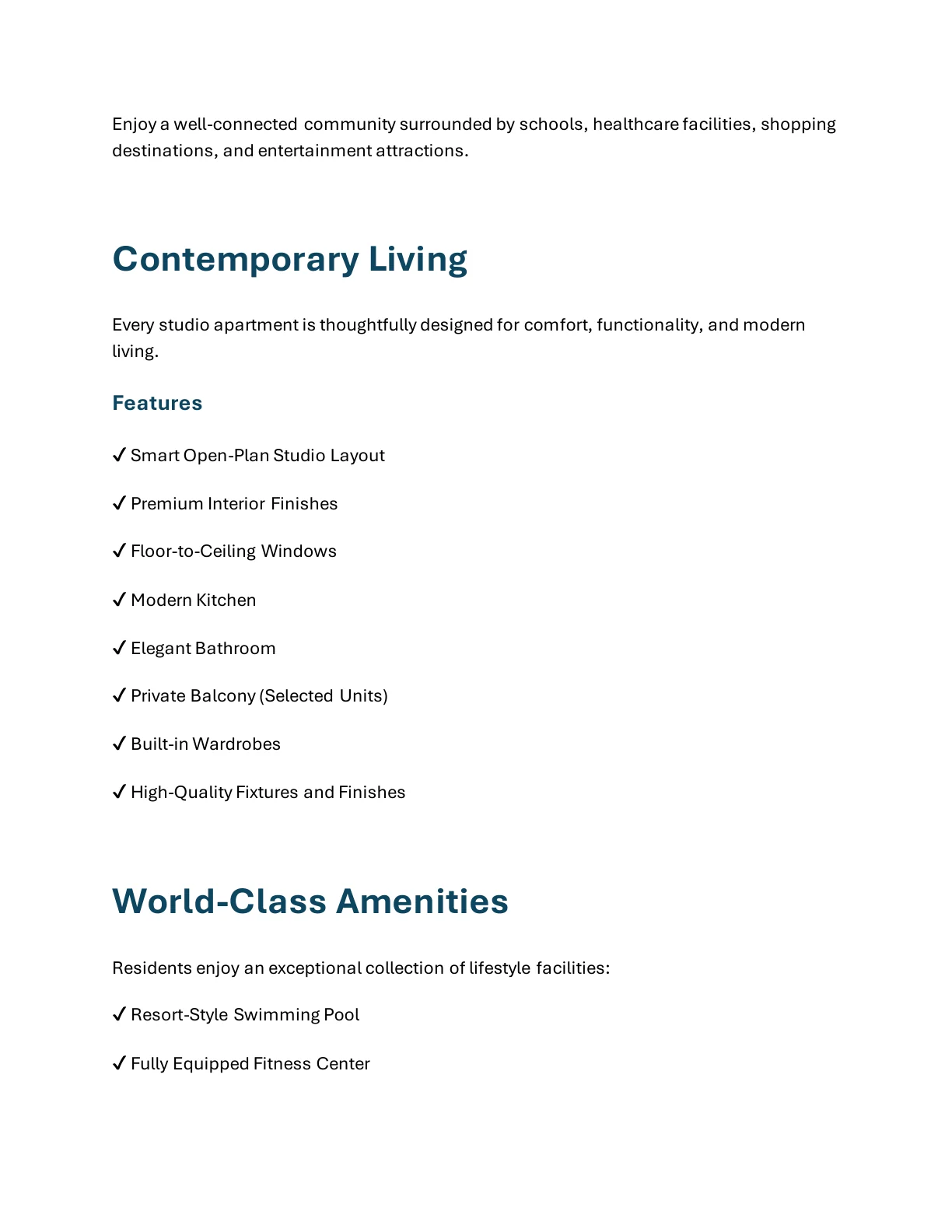 Paradise View 2 Ready Studio property features and building amenities - supplied Wabel Real Estate brochure page 3