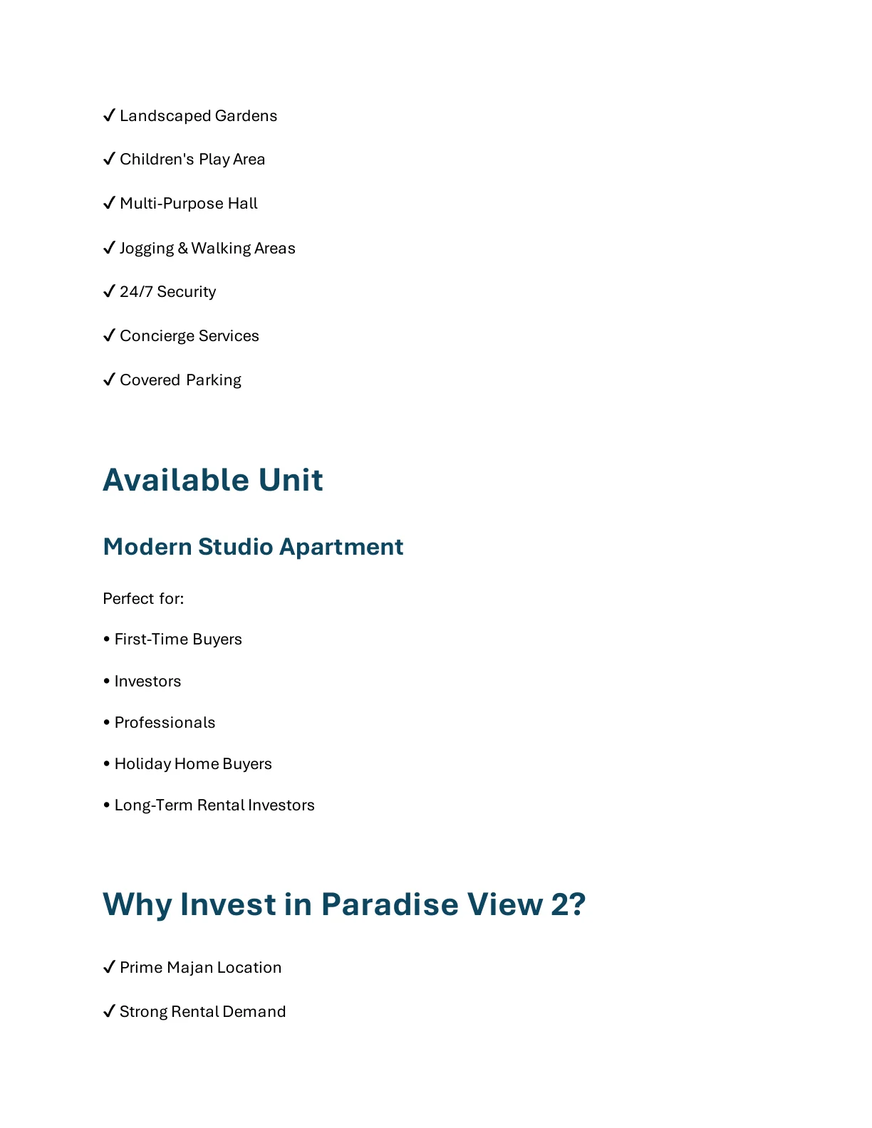 Paradise View 2 Ready Studio available unit and buyer suitability details - supplied Wabel Real Estate brochure page 4