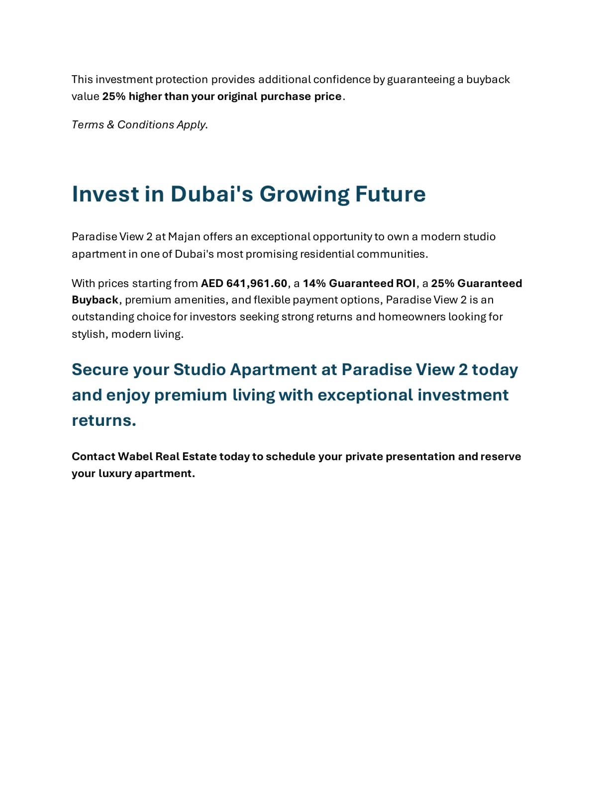 Paradise View 2 Ready Studio project summary and Wabel Real Estate enquiry details - supplied Wabel Real Estate brochure page 6