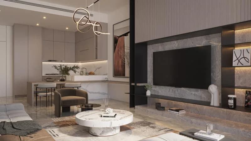 ParkVille apartment living and kitchen render