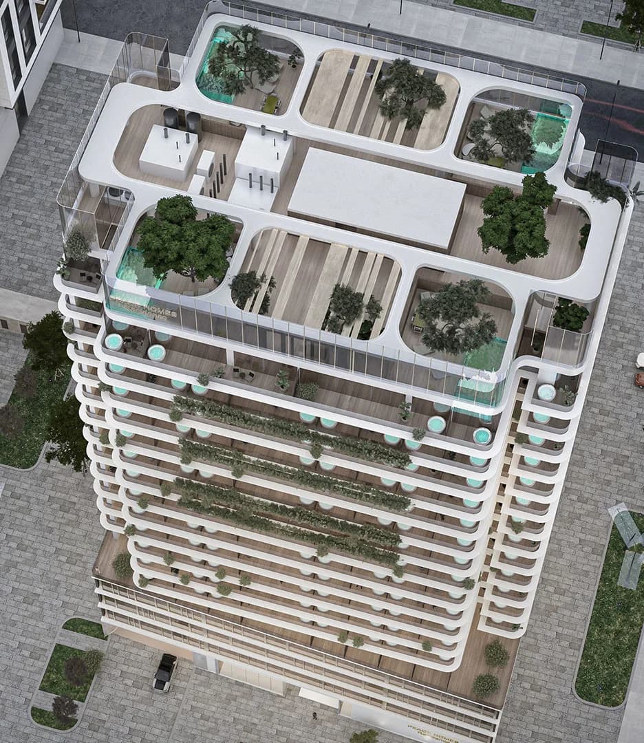 aerial render of the Peace Avenue tower and rooftop areas