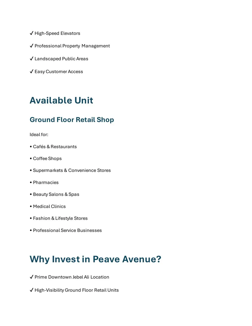 Peace Avenue Ground Floor Retail available unit and buyer suitability details - supplied Wabel Real Estate brochure page 4