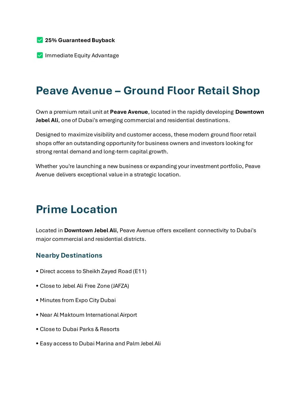 Peave Avenue Ground Floor Retail project introduction and Dubai location connectivity - supplied Wabel Real Estate brochure page 2
