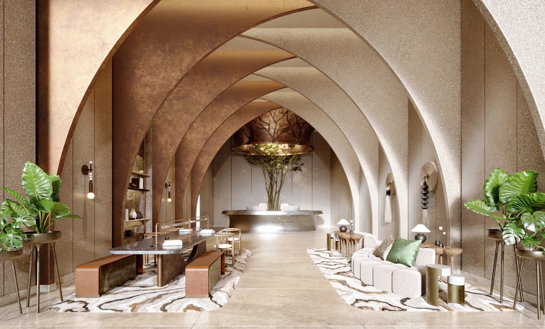 Sculptural arched lobby lounge inside Portside Square