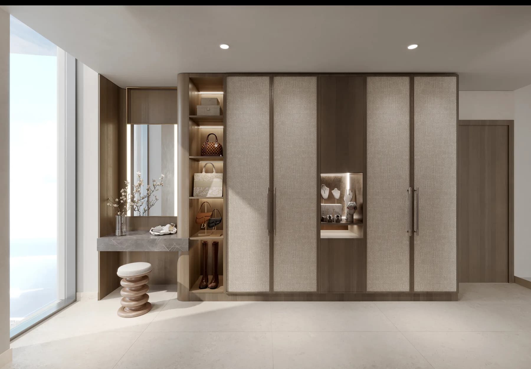 Portside Square bedroom wardrobe and dressing area with waterfront window