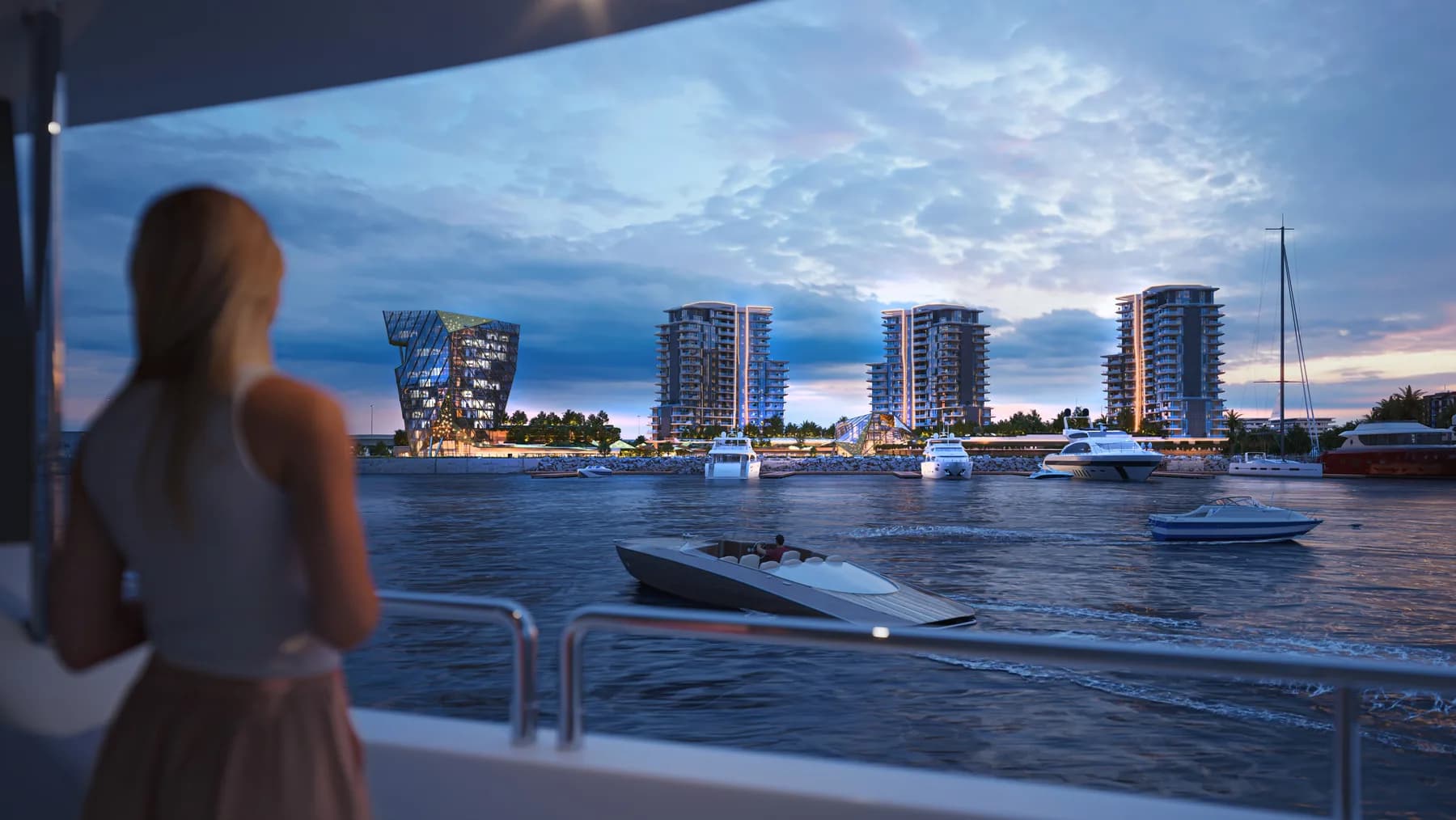 Yacht and marina view toward Portside Square from the Mina Rashid waterfront