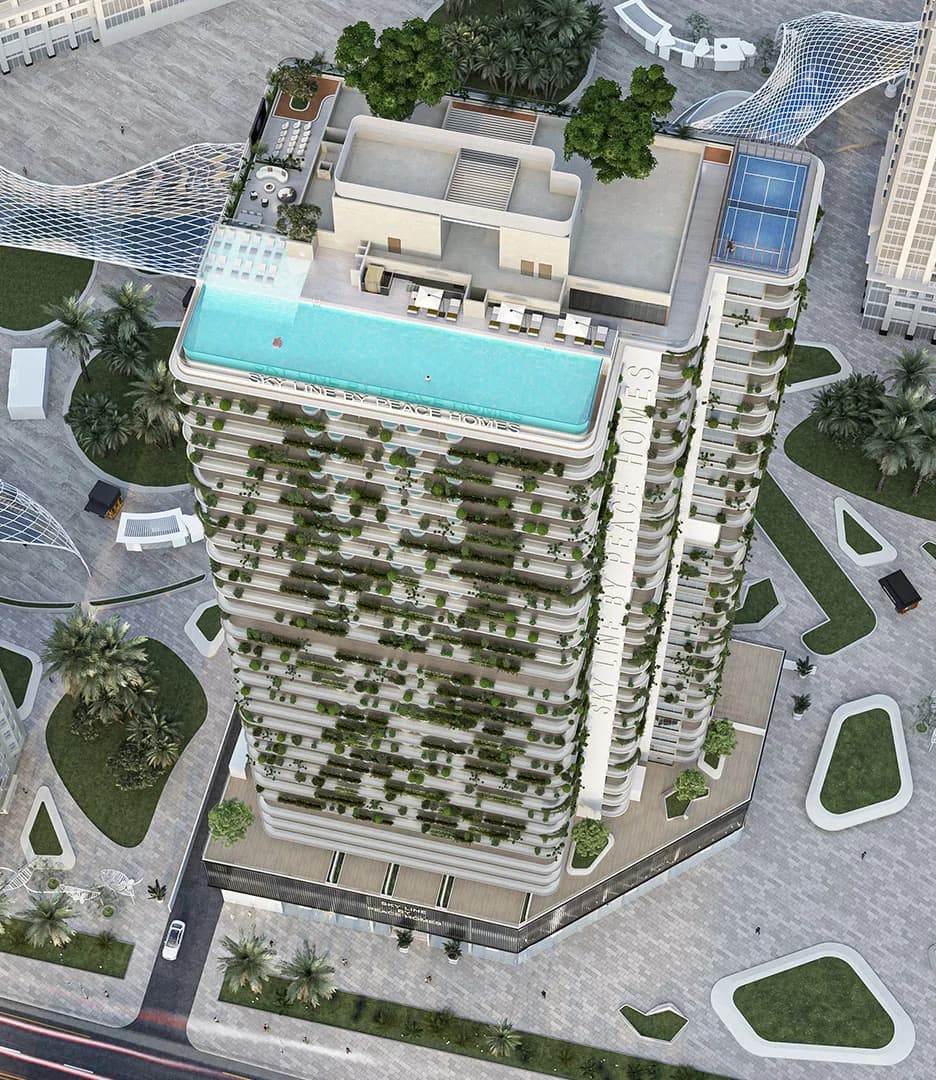 aerial render showing the Sky Line tower, podium, and rooftop amenities