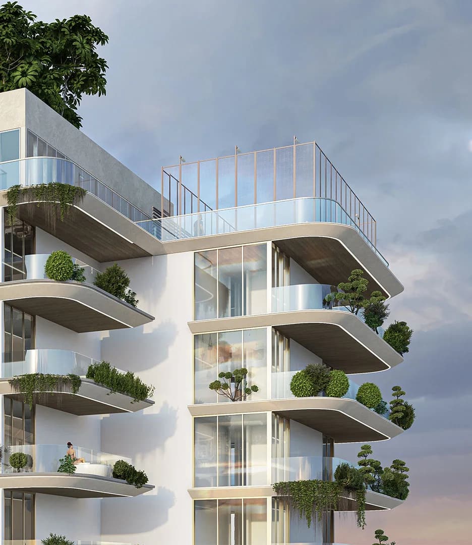 close exterior render of Sky Line balconies and landscaped terraces