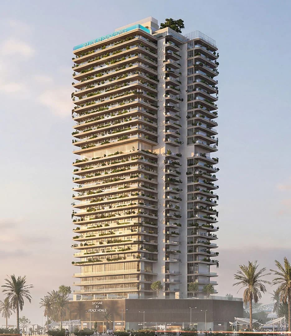 front exterior render of the Sky Line mixed-use tower in Dubailand Residence Complex