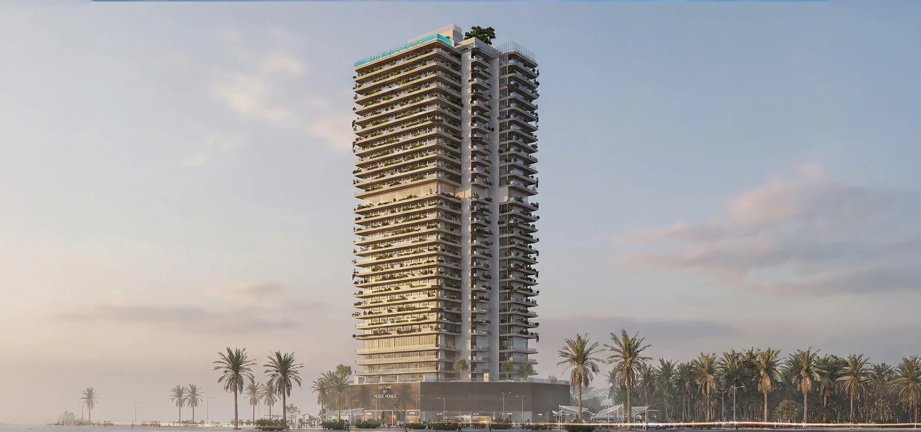 wide exterior render of Sky Line in Dubailand Residence Complex