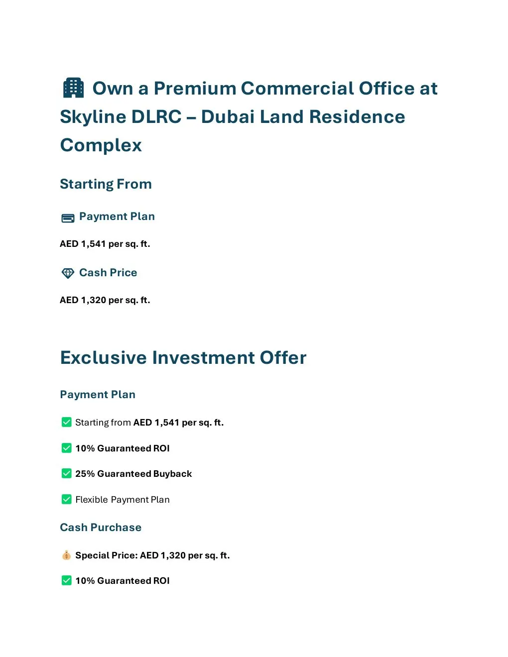 Skyline DLRC Commercial Office pricing and investment offer overview - supplied Wabel Real Estate brochure page 1