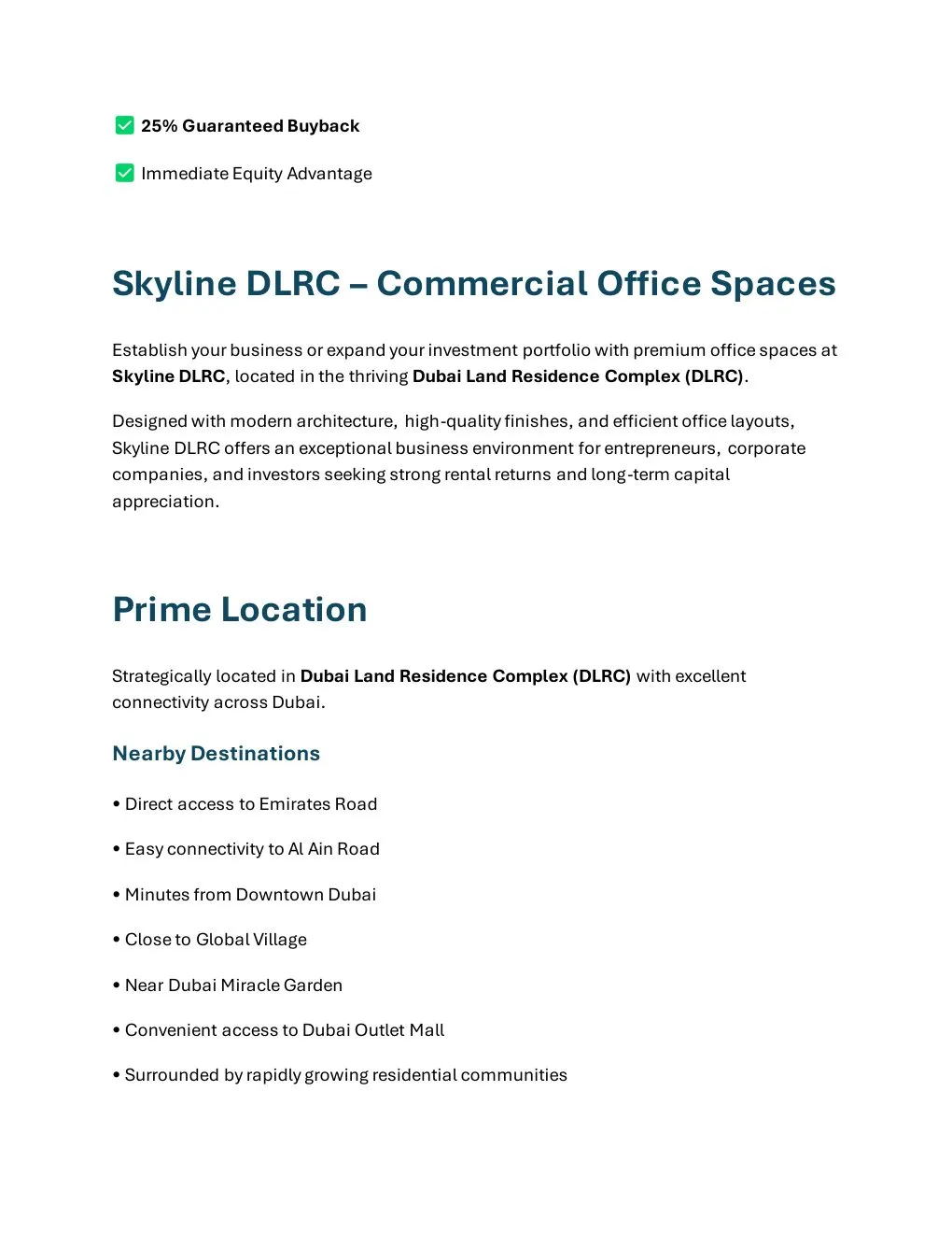 Skyline DLRC Commercial Office project introduction and Dubai location connectivity - supplied Wabel Real Estate brochure page 2