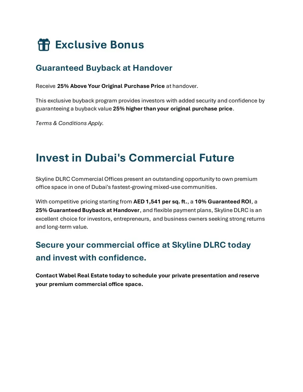 Skyline DLRC Commercial Office project summary and Wabel Real Estate enquiry details - supplied Wabel Real Estate brochure page 6