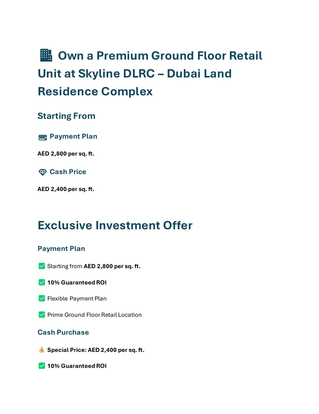 Skyline DLRC Ground Floor Retail pricing and investment offer overview - supplied Wabel Real Estate brochure page 1