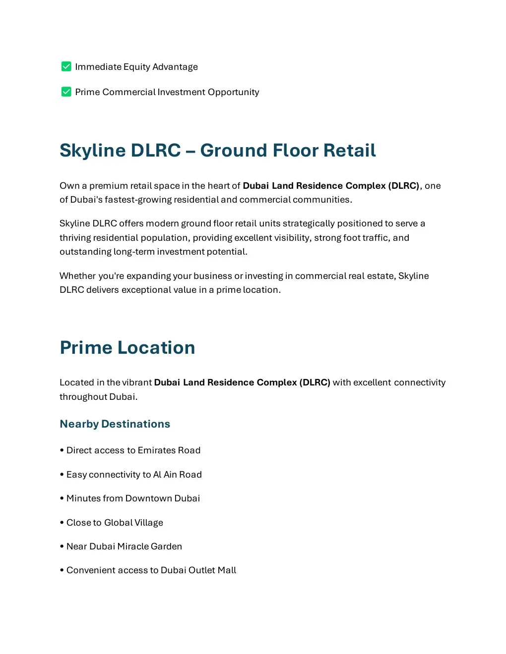 Skyline DLRC Ground Floor Retail project introduction and Dubai location connectivity - supplied Wabel Real Estate brochure page 2