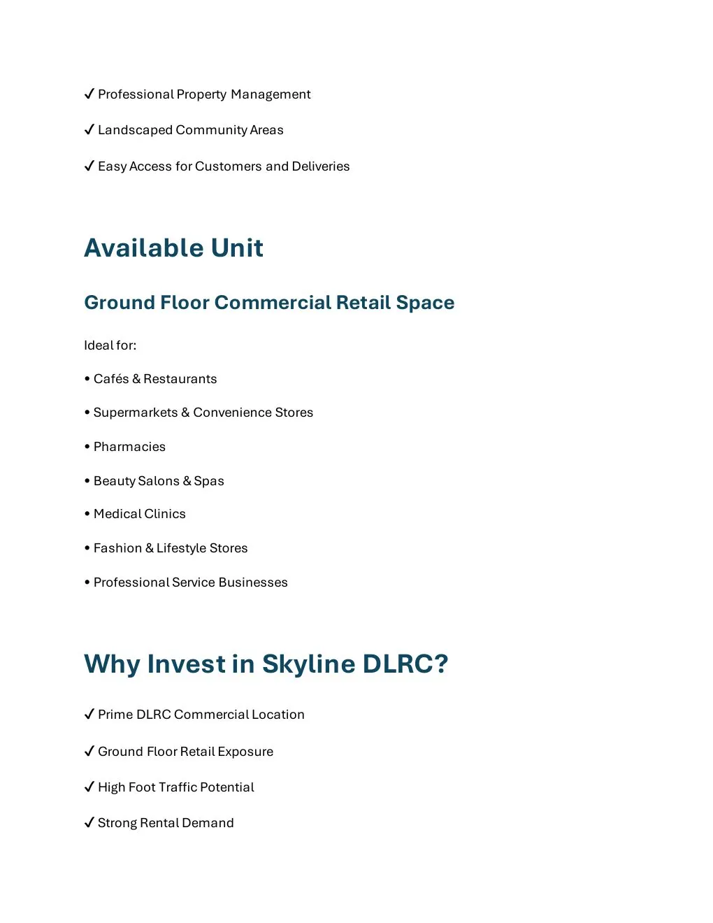 Skyline DLRC Ground Floor Retail available unit and buyer suitability details - supplied Wabel Real Estate brochure page 4