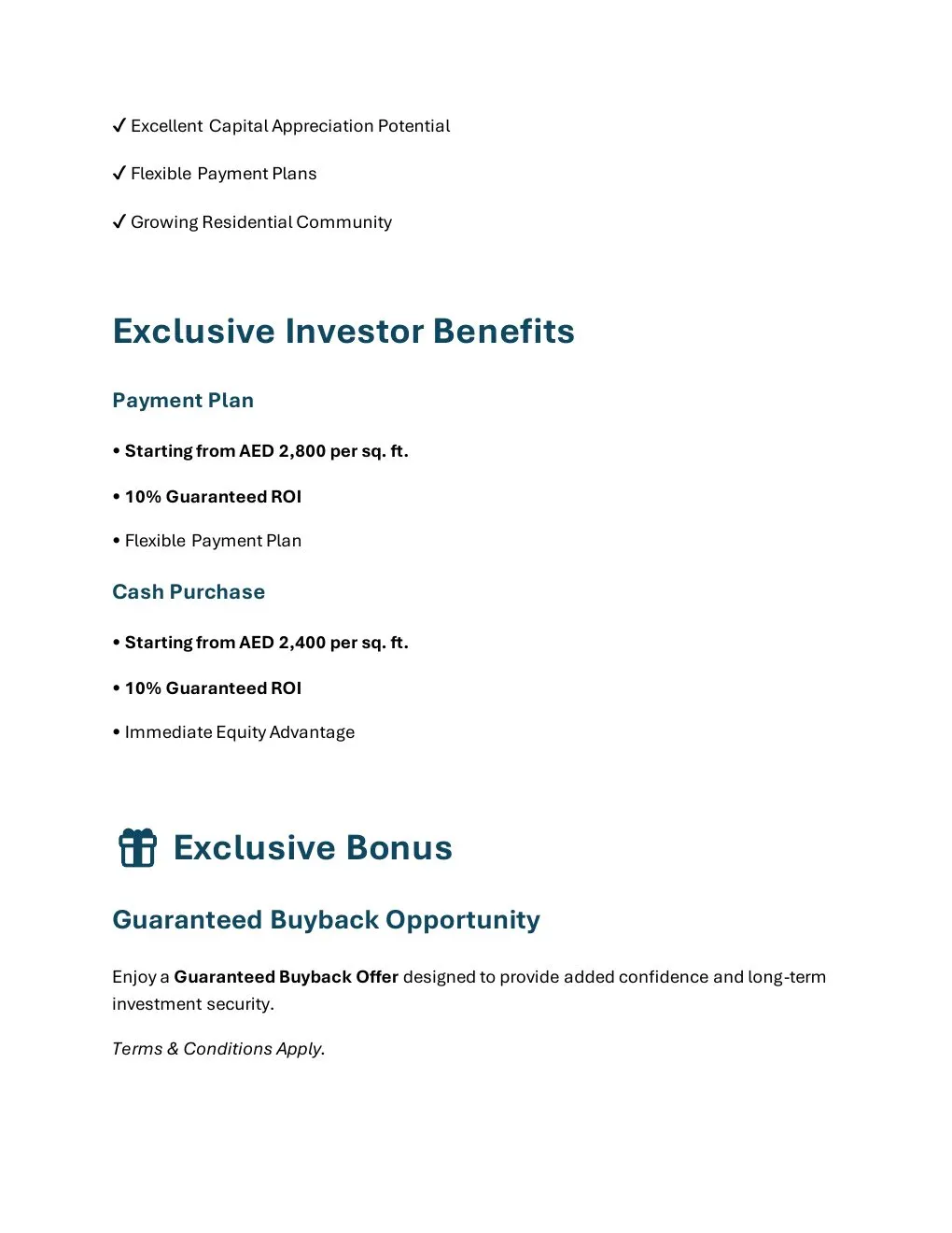 Skyline DLRC Ground Floor Retail investor benefits and brochure offer conditions - supplied Wabel Real Estate brochure page 5