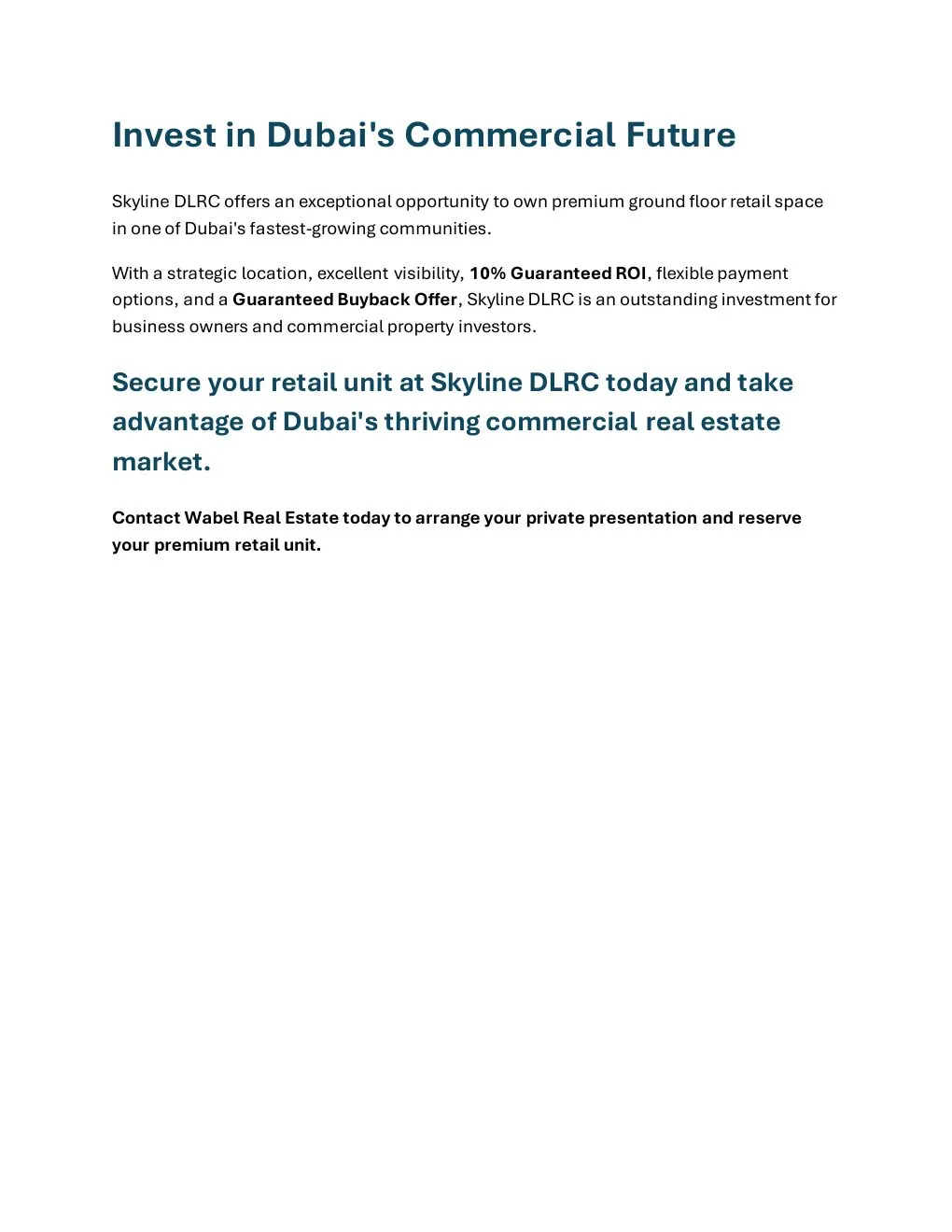 Skyline DLRC Ground Floor Retail project summary and Wabel Real Estate enquiry details - supplied Wabel Real Estate brochure page 6