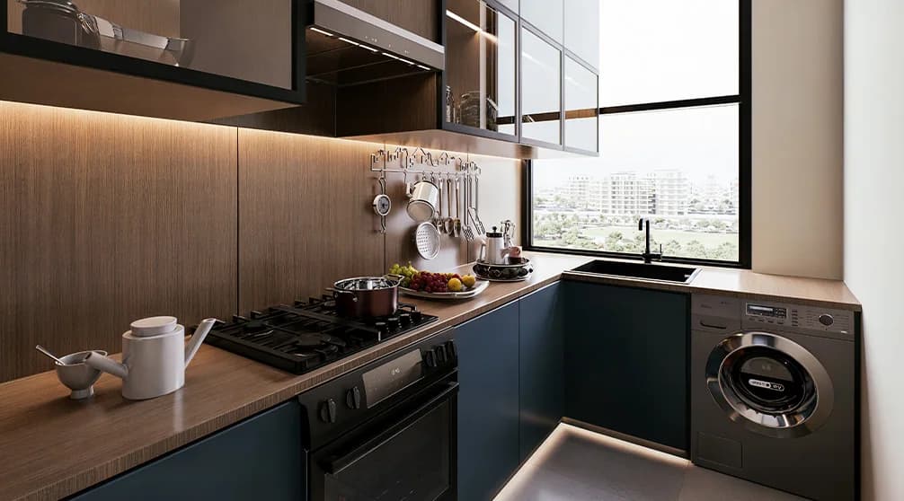 Al Haseen 4 fitted apartment kitchen with city view