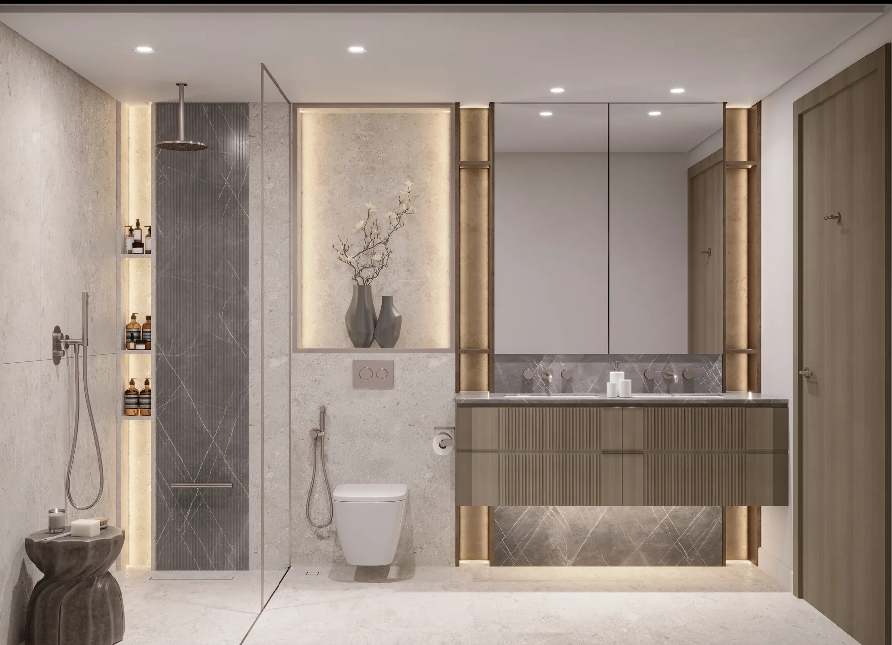 Portside Square apartment bathroom with walk-in shower and illuminated vanity
