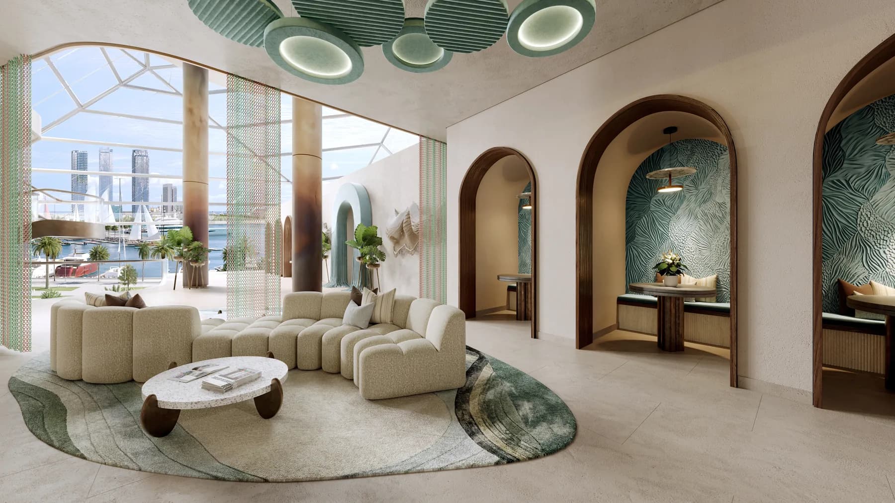 Portside Square co-working lounge with marina-inspired interior design