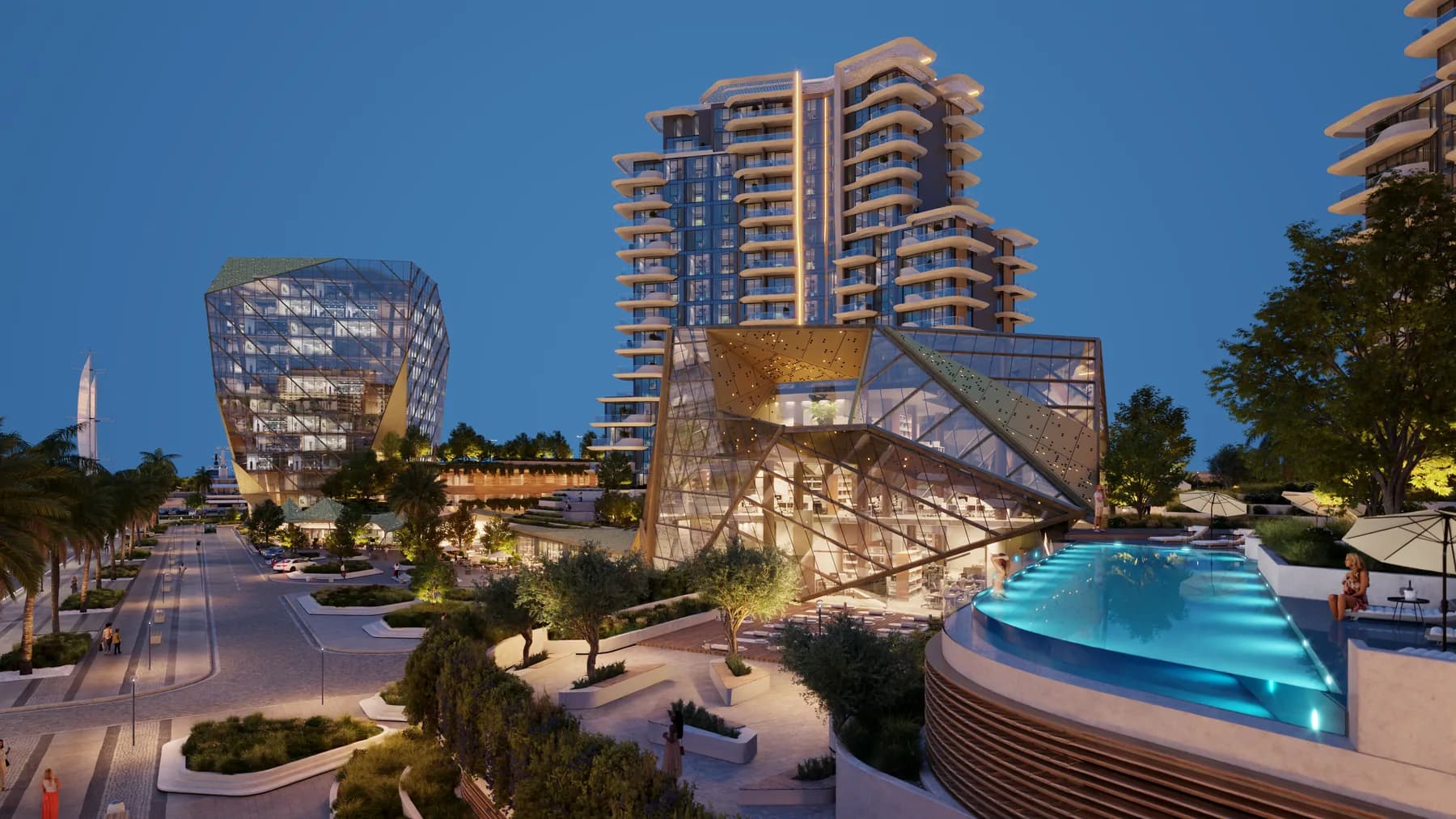 Portside Square pavilion beside the illuminated residents pool