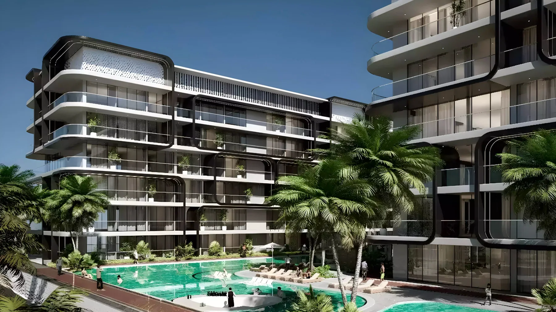 AHR6 residential building and swimming pool render in Dubai Industrial City