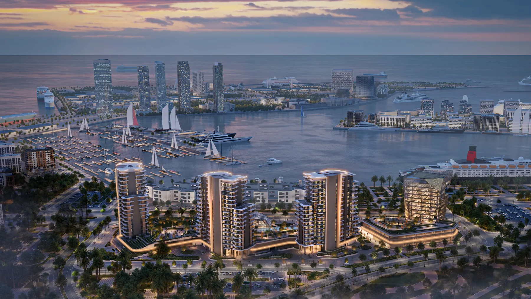 Aerial view of Portside Square towers and the Mina Rashid marina in Dubai