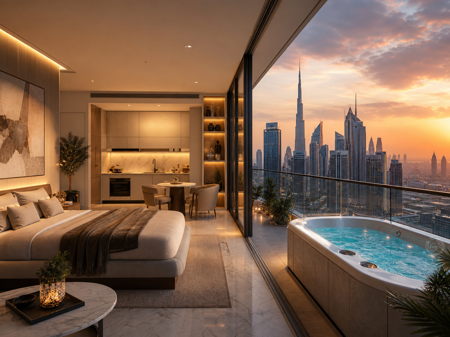 Representative Sky Line studio with private jacuzzi in Dubai Land Residence Complex