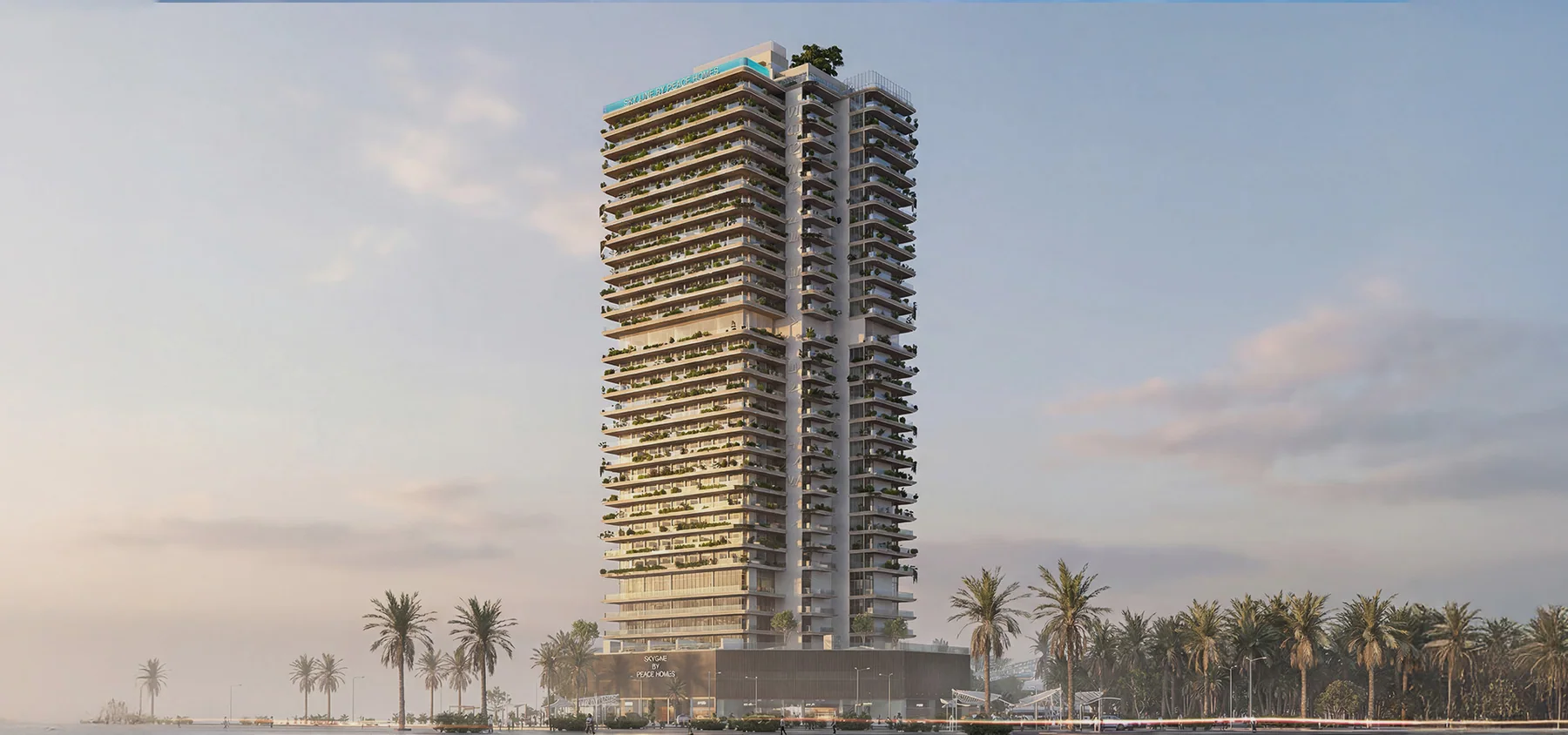 wide exterior render of Sky Line in Dubailand Residence Complex